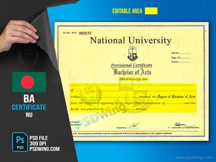 BA Certificate NU 1997 PSD Template - Bangladesh National University